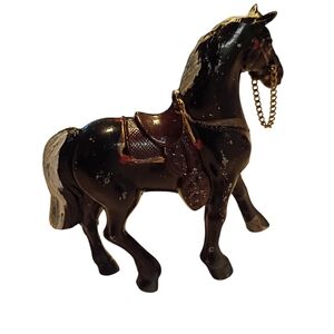 Vintage Lead Majestic Black Horse Figurine with Gold Accents